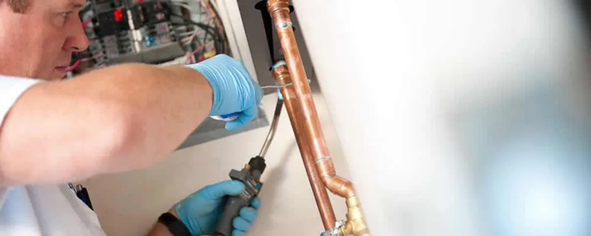Water heater repair technician testing copper pipe connections and controls in Fort Collins, CO